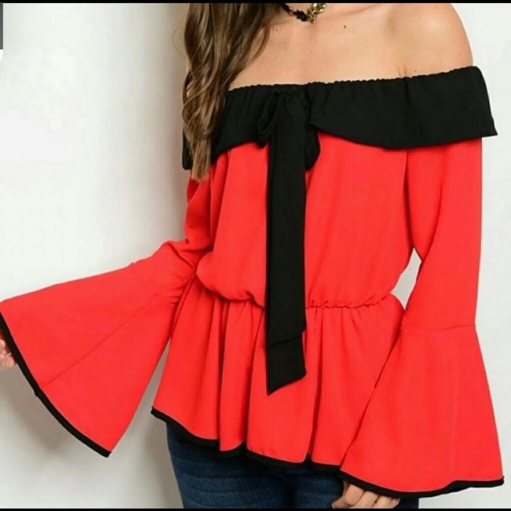 Cold shoulder blouse smocked flowy waist, bell sleeves off the shoulder design